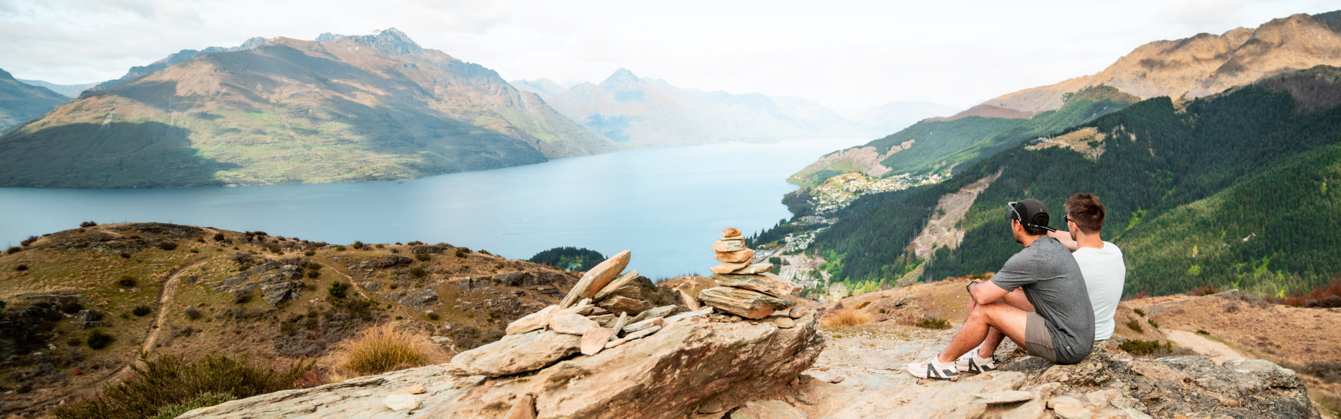 View over Lake Wakatipu toward Queenstown from a mountain trail